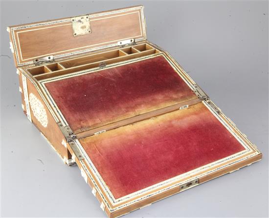 A 19th century Vizagapatam sandalwood and etched ivory writing slope, width 12.25in